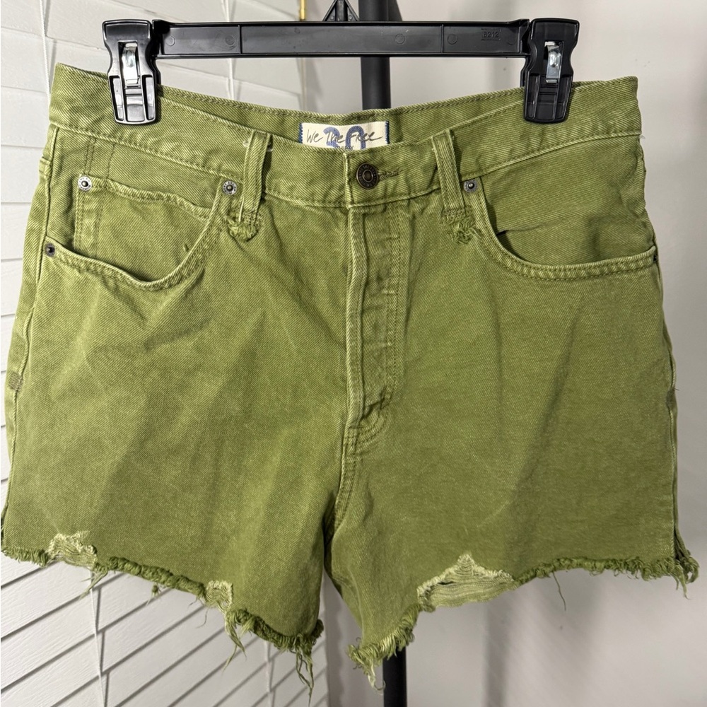 We The Free Olive Green Distressed High-Rise Denim Shorts